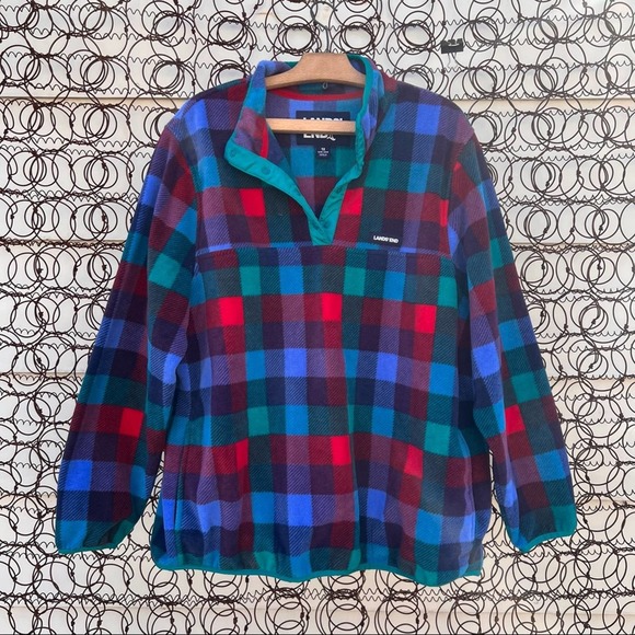 Lands' End Jackets & Blazers - Lands End primary color check plaid Plus Heritage Fleece Snap Neck Pullover Top